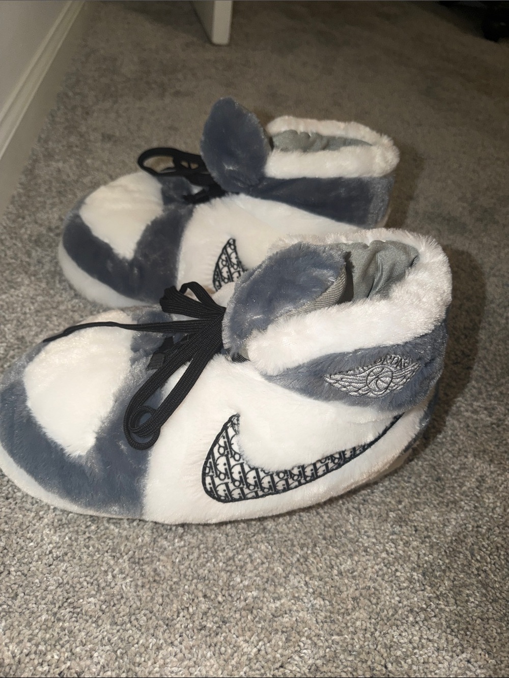 Nike / Dior Plush High-Top Slipper Booties in White and Gray with Black Swoosh